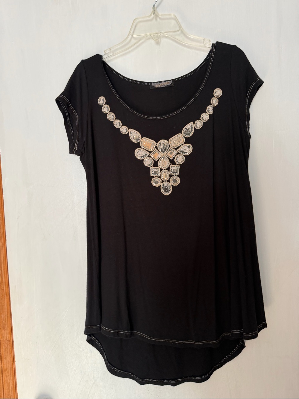 Women’s Black, Short-Sleeve Jewel-Embellished Women’s Top, Size Small